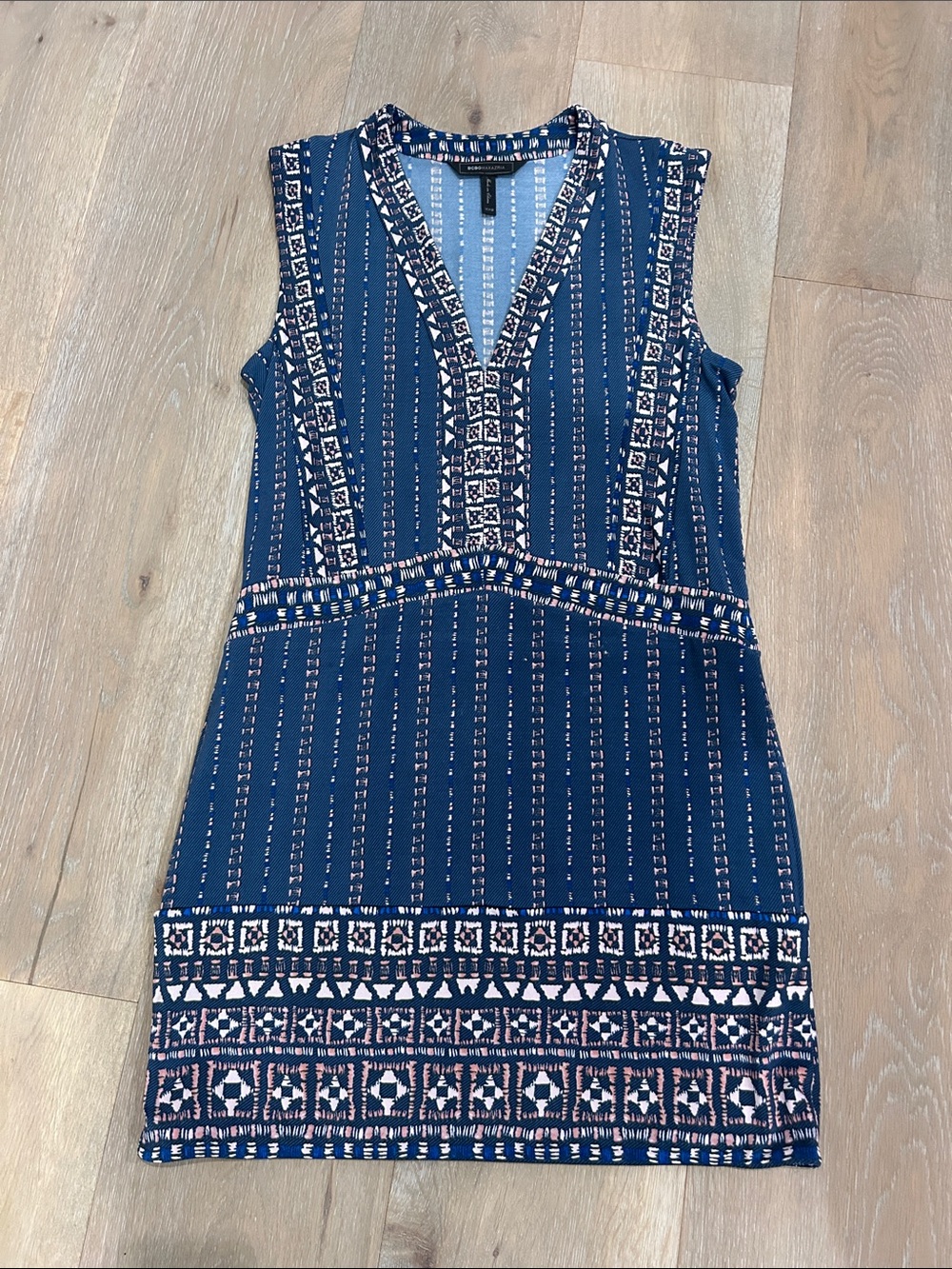 BCBGMaxAzria Navy, Light Pink and White Sleeveless V-Neck Mini Dress